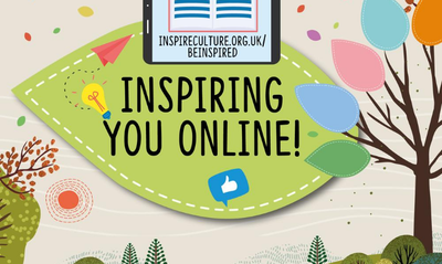 Inspiring you online subbrand with green Inspire leaf, and a tablet open on the beinspired webpage next to a tree with different coloured leaves