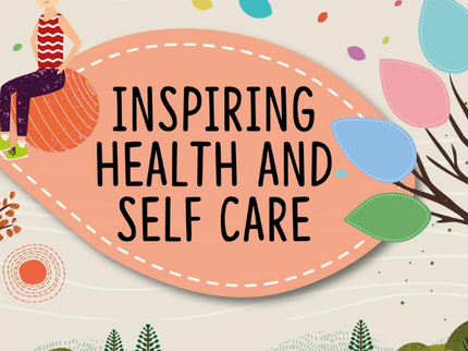 Inspire health and self care subbrand with peach Inspire leaf and a person sat on a gym ball next to a tree with different coloured leaves