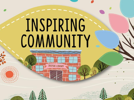 Inspire community subbrand with yellow Inspire leaf, and a drawing of an Inspire library next to a tree with different coloured leaves