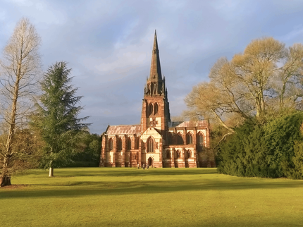 The Chapel of St Mary the Virgin at Clumber Park - a 19th Century chapel with 180 foot spire in its centre, which towers over the Pleasure Grounds, flanked by heritage trees.