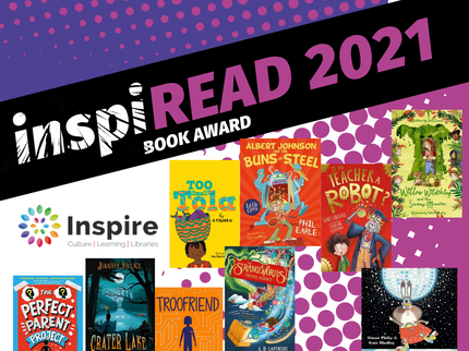 Inspiread 2021 logo in purple with book title covers