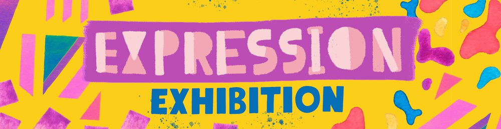Expression exhibition web banner on colourful background.