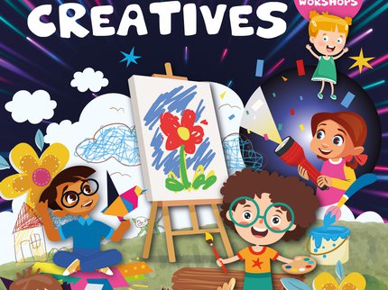 Thumbnail of 'Little Creatives' logo, 5 cartoon children engaging in arts and crafts activities.