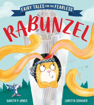 The book cover for 'Rabunzel' by Loretta Schauer - a yellow rabbit with very long ears looking out of the window of a tower.