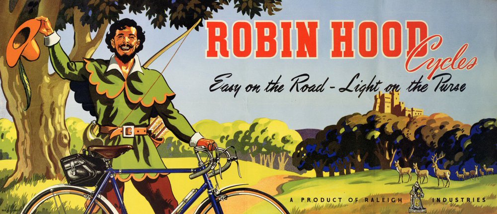 Illustration of Robin Hood standing under the Major Oak tree holding a bicycle