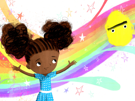 Illustrated Ruby, a black girl with dark brown hair in double bunches and a blue dress with white dots, stands in front of a rainbow facing her worry - a yellow blob with two eyes and one eyebrow