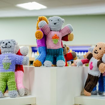 Six brave bears standing on top of the library shelves