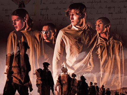 A sepia image. The background is a photograph of a line of First World War soldiers, seen from the back, blending into a sheet of paper with handwritten text. The background is overlaid with an image of four performers from Inspire Youth Arts.