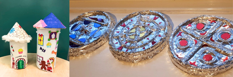 Image showing elf houses made from wipe containers, and yoghurt lids covered in foil to make Anglo-Saxon brooches