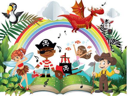 An illustration of children dressed as pirates and fairies with a rainbow
