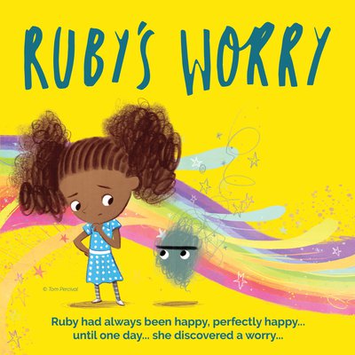Illustrated Ruby, a black girl with dark brown hair in double bunches and a blue dress with white dots, stands in front of a rainbow and a yellow background