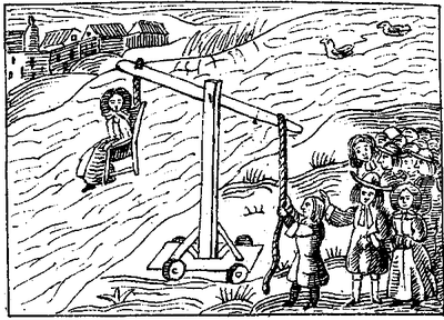 A 17th Century black and white woodcut image of a woman on a ducking stool, held over a river by a group of other people.