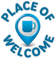 places of welcome text around a blue icon of a mug