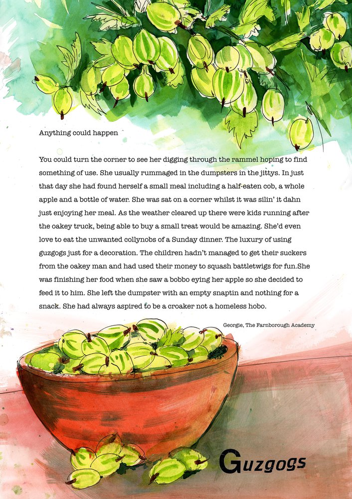 Dialect word 'guzgogs'. Poem and illustration of gooseberries.