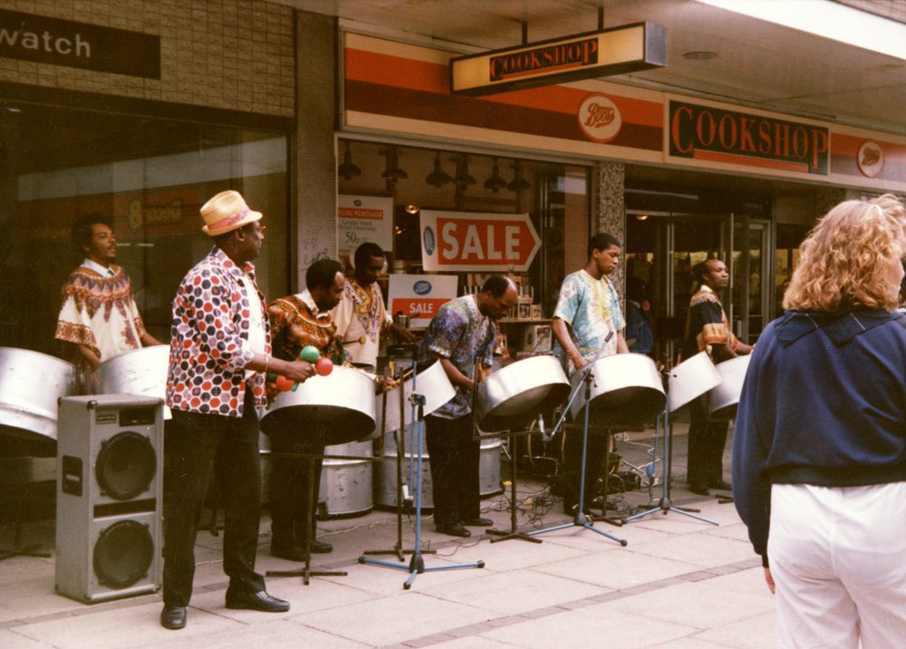 Silver Stars’ steel band, taken in 1988 at the Netherthorpe Shopping Centre in Worksop.