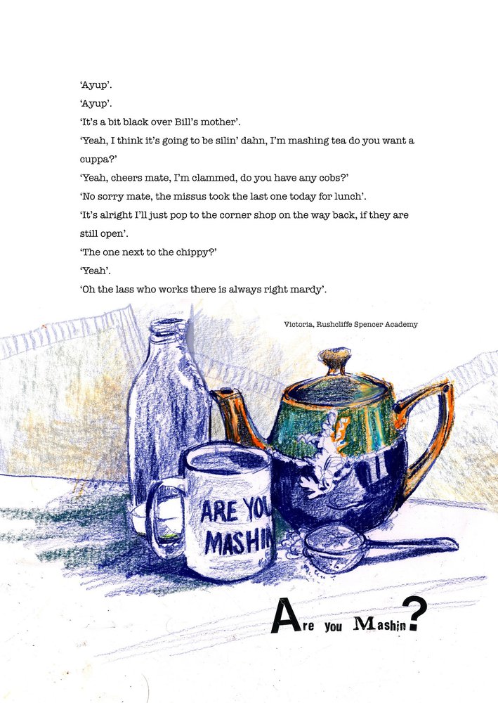 Dialect phrase 'Are you mashin?'. Poem and illustration of teapot, tea strainer, mug, and bottle of milk.