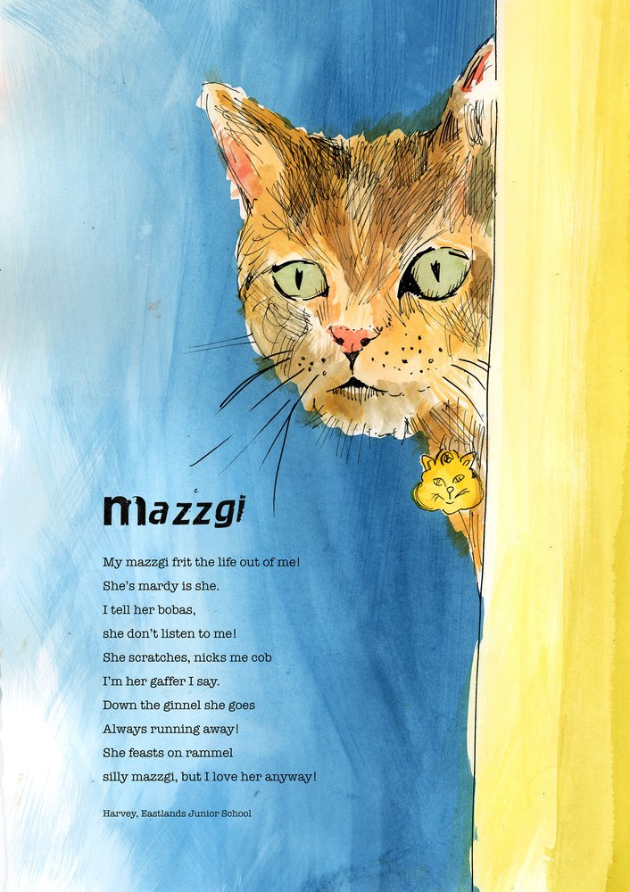 Dialect word 'mazzgi'. Poem and illustration of cat peering around corner.