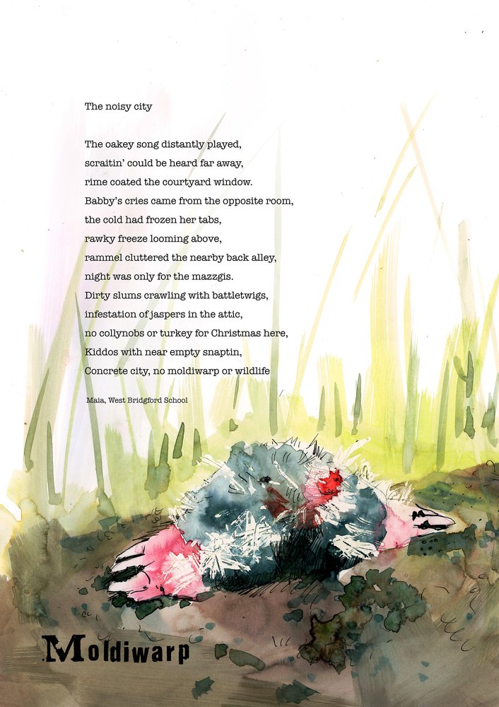 Dialect word 'moldiwarp'. Poem and an illustration of a mole.