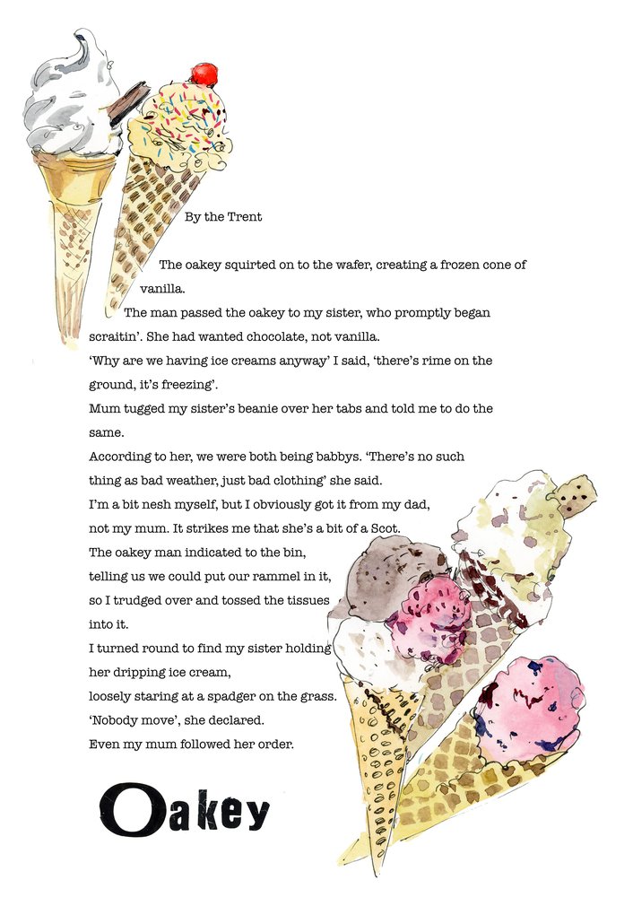 Dialect word 'oakey'. Story and illustration of five ice cream cones.