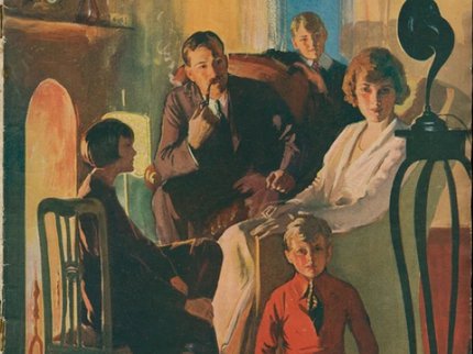 Cover image of The Radio Times from 1923 showing painting of a family in front of a fireplace
