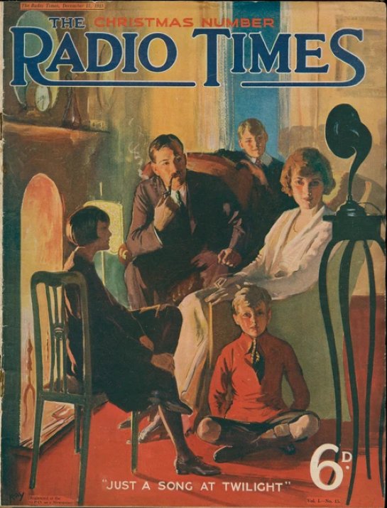 Front cover of The Radio Times from 1923 showing painting of a family in front of a fireplace