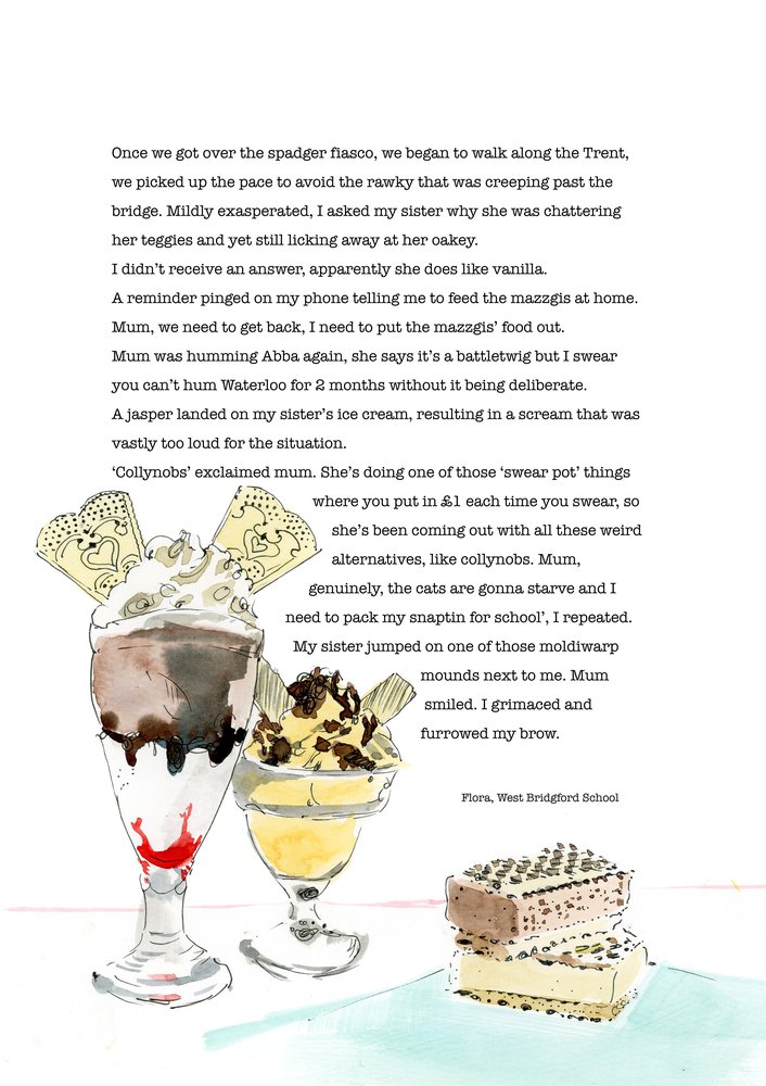 Story of 'oakey' continued. Illustration of Sundaes and ice cream sandwiches.