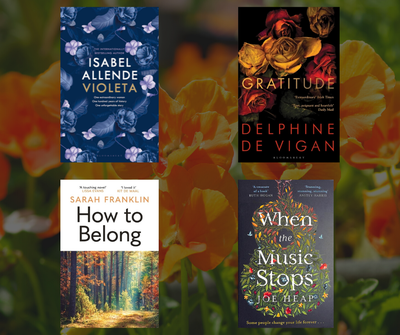 Violeta, Gratitude, How to Belong and When the Music Stops book covers on a floral background