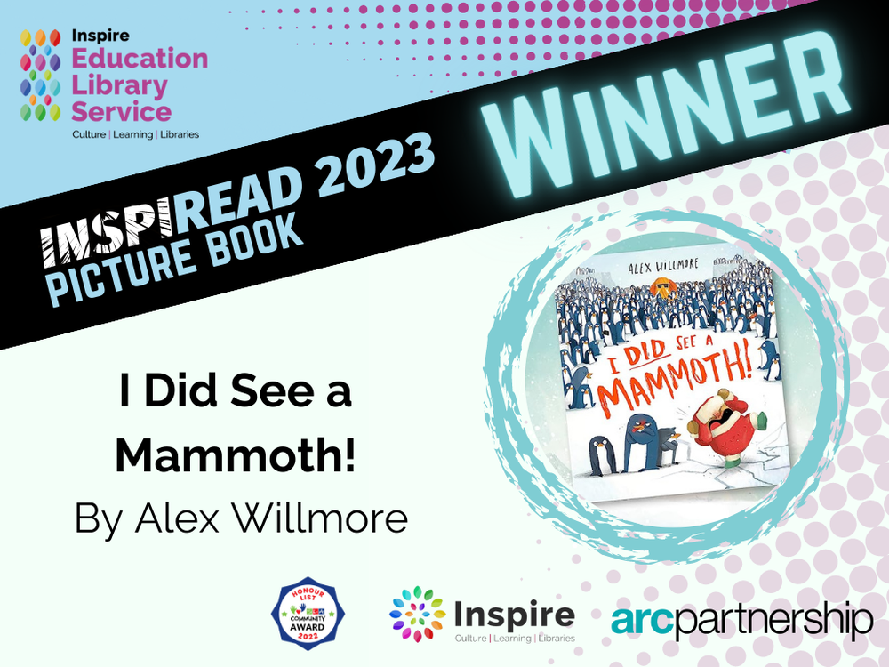 Inspiread 2023 logo in light blue with picture book winner book cover