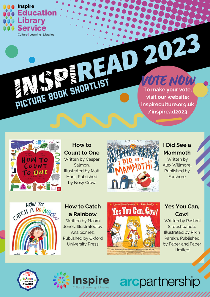 Inspiread 2023 logo in light blue with picture book shortlist book covers