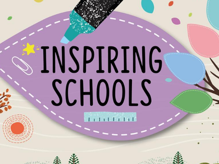 Inspire schools subbrand with purple Inspire leaf, and a highlighter and ruler next to a tree with different coloured leaves