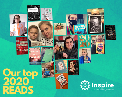 Photos of different staff members holding their favourite book of 2020. Text reads: Our Top 2020 reads.