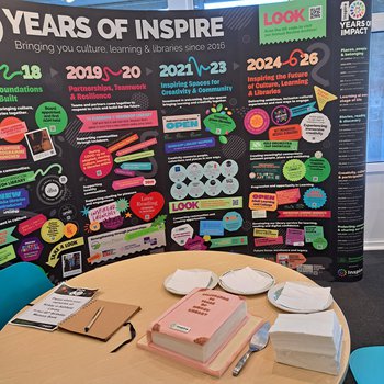 A table with a cake shaped like a book