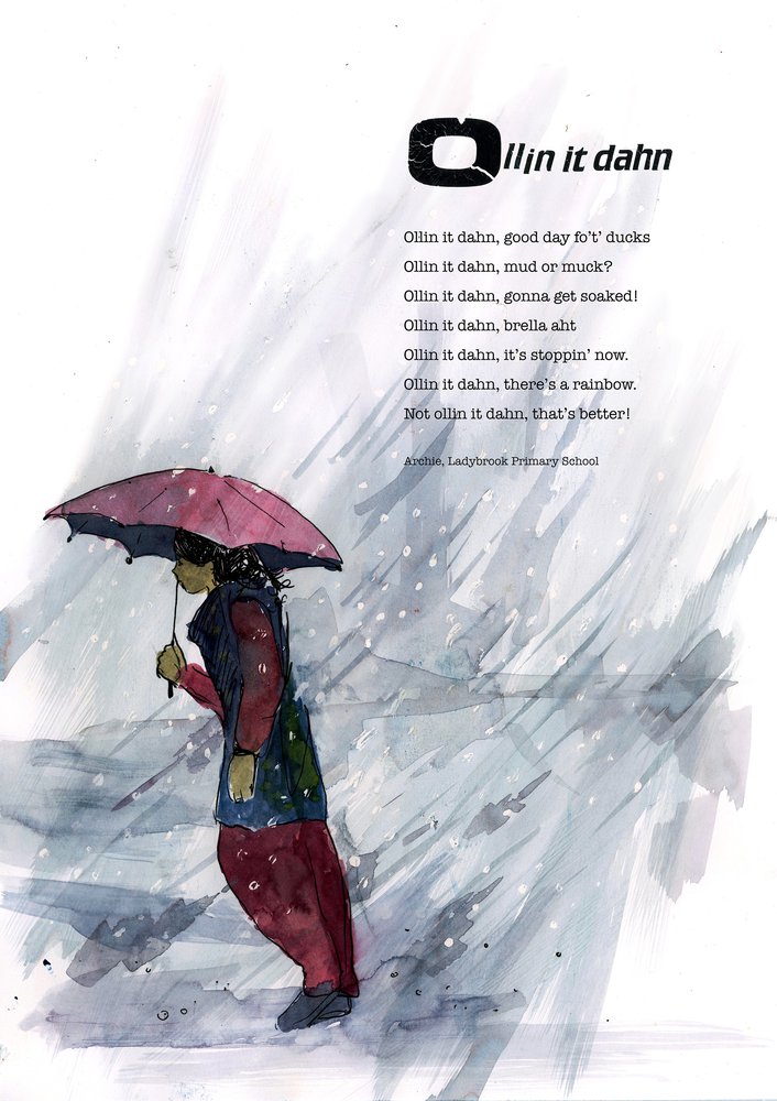 Dialect phrase 'ollin it dahn'. Poem and illustration of a woman with an umbrella, leaning into the wind.
