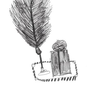 Black line drawing of a quill and ink at Papplewick Pumping Station