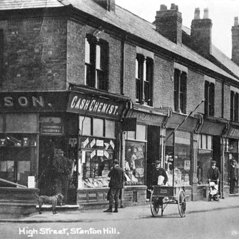 Old black and white image of High Street shops in Stanton Hill