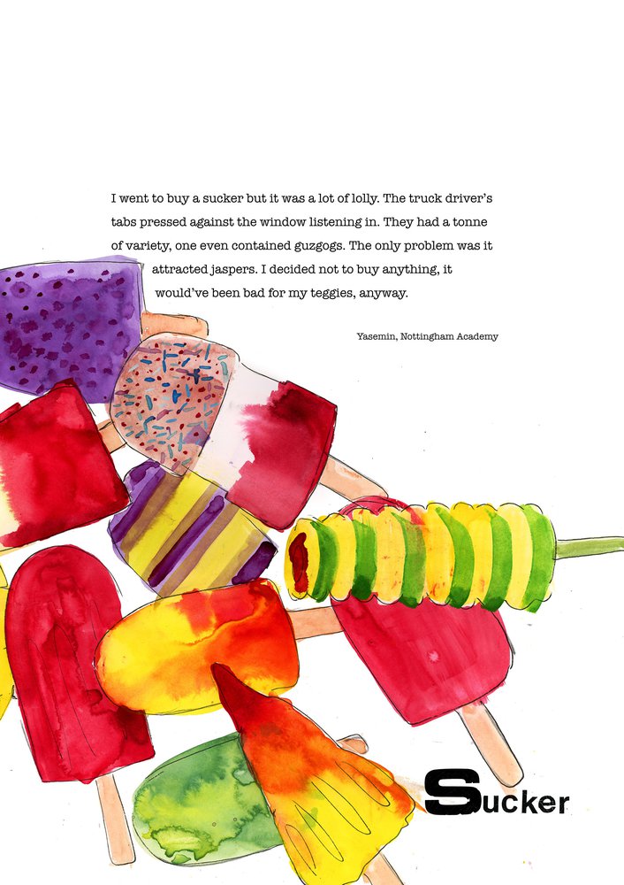 Dialect word 'sucker'. Poem and illustration of ice lollies.