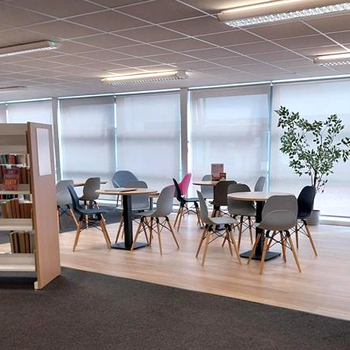 Bingham Library after - coffee area from desk