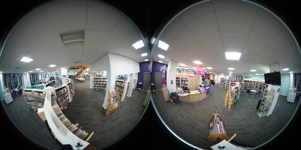 A view of the Local Heritage area at Mansfieold Central Library taken with a fisheye lens.