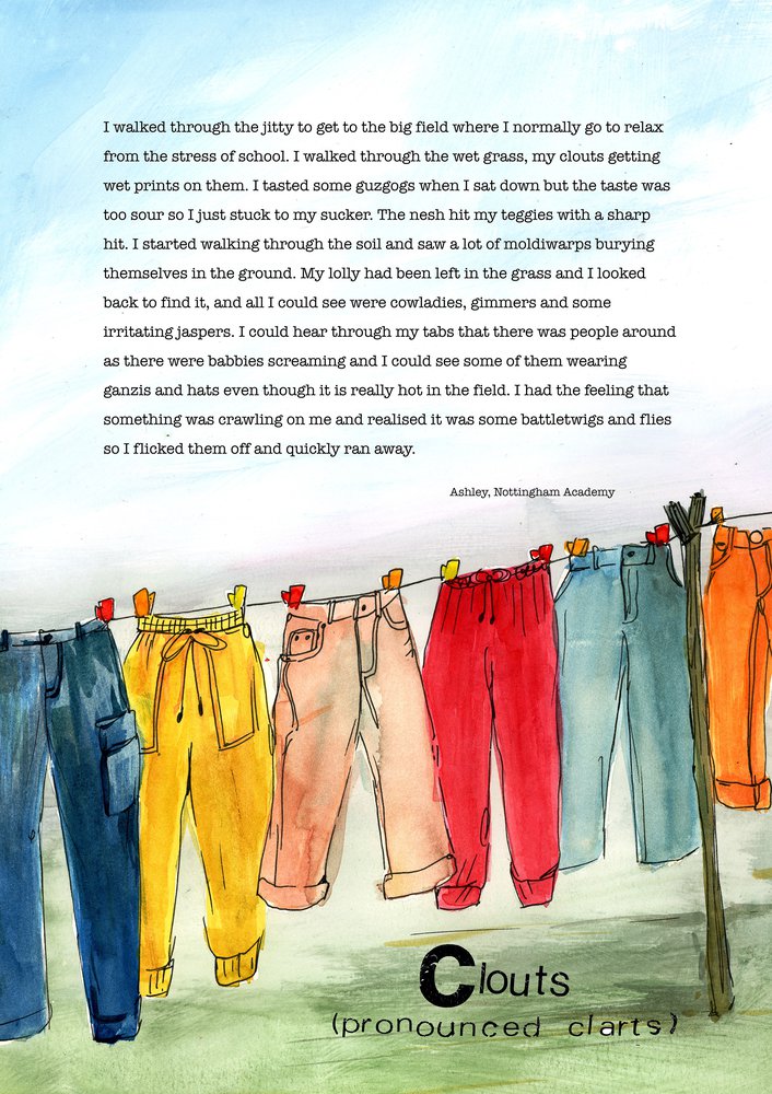Dialect word 'Clouts' (pronounced clarts). Poem and illustration of six pairs of trousers on a washing line.