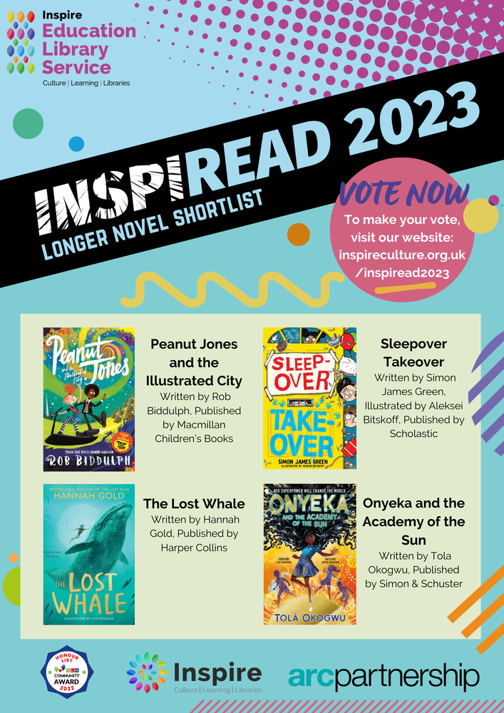 Inspiread 2023 logo in light blue with longer novel shortlist book covers
