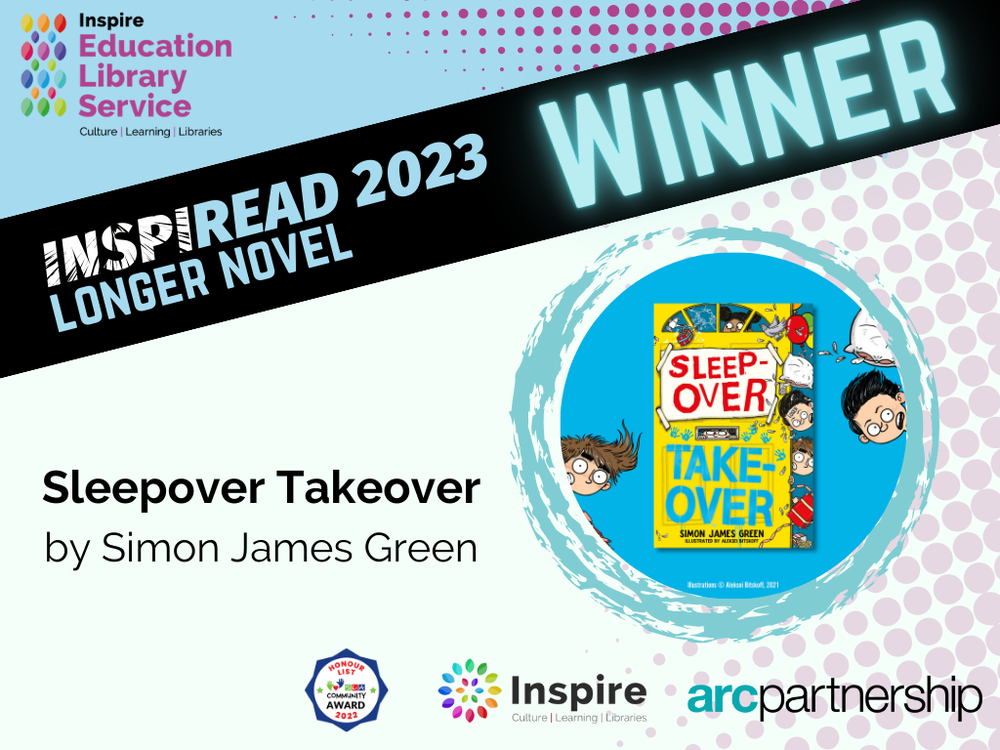 Inspiread 2023 logo in light blue with longer novel winner book cover