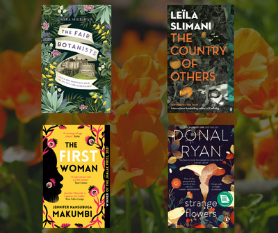 The Fair Botanists, The Country of Others, The First Woman and Strange Flowers book covers on a floral background