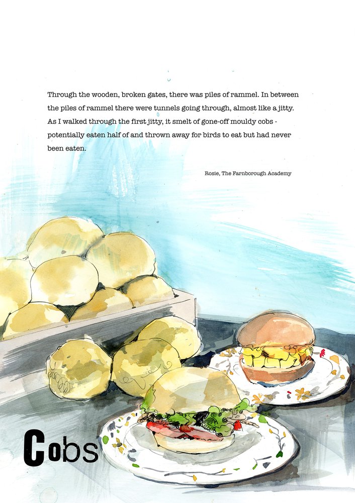 Dialect word 'cobs'. Poem and illustration of bread rolls with fillings.