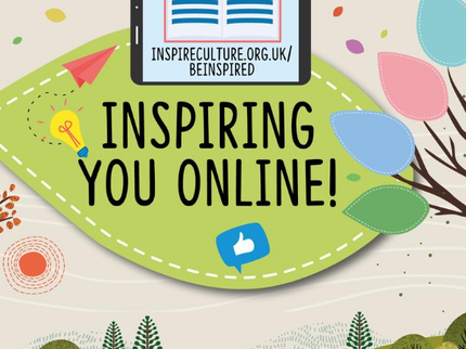 Inspiring you online subbrand with green Inspire leaf, and a tablet open on the beinspired webpage next to a tree with different coloured leaves