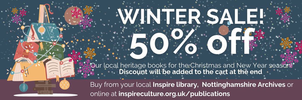 illustration of Christmas tree made of books and snow flakes in background with wording about 50% off sale.