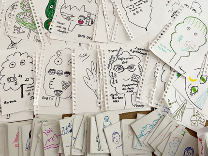 A table full of drawings from the workshops. On each piece of paper there's a leaf drawn, with annotations about the artist's life.