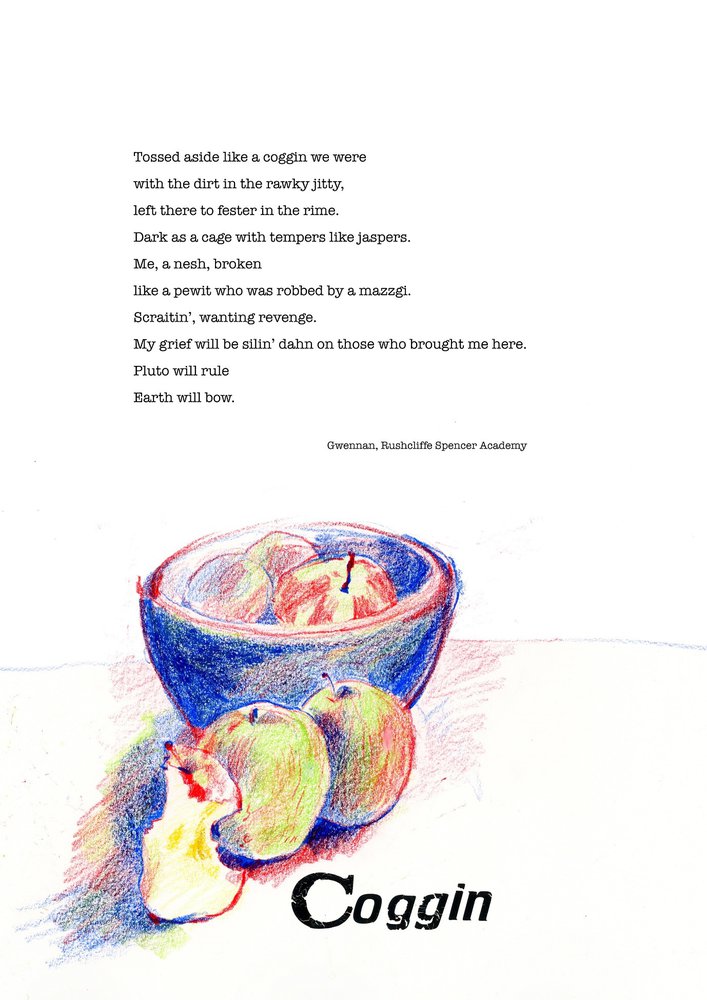 Dialect word 'coggin'. Poem and illustration of apples and apple core.