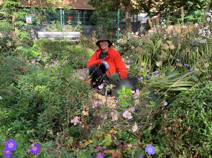 Beth Danks kneeling in the centre of a variety of garden plants wearing a green hat and bright orange jacket, image taken while volunteering in the QMC garden