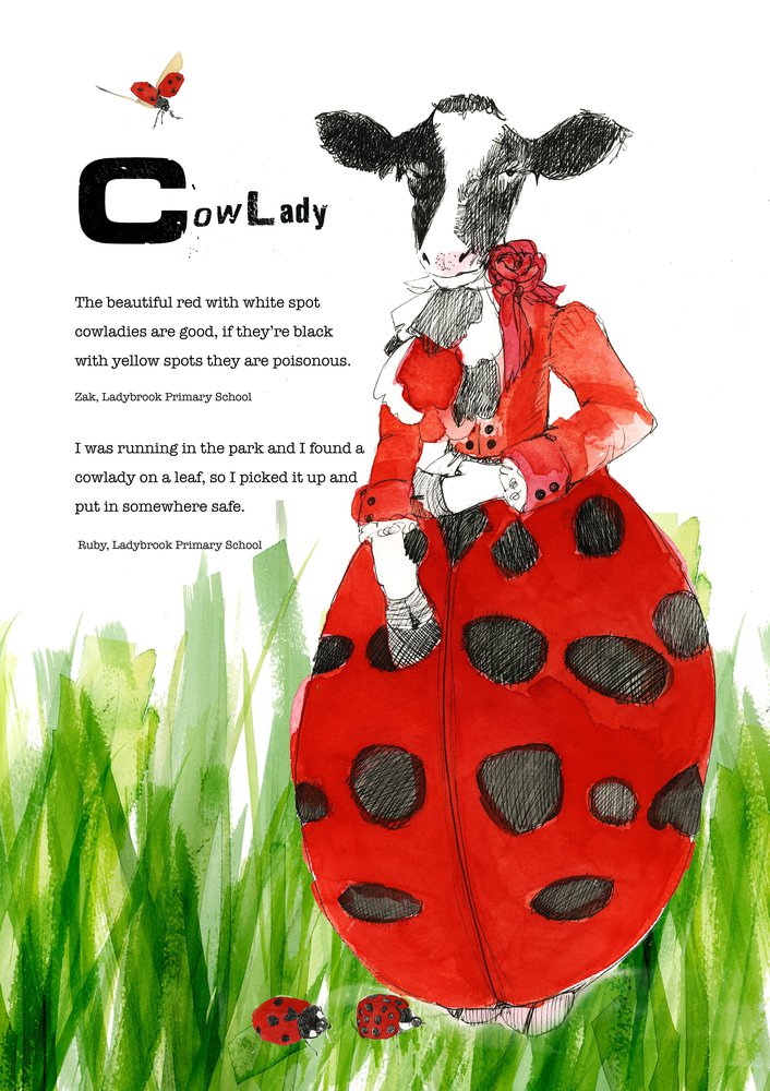 Dialect word 'CowLady'. Poem and illustration of a cow wearing a red dress with black spots.