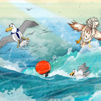 Illustrated sea scape with Seagull and Little Owl flying above waves